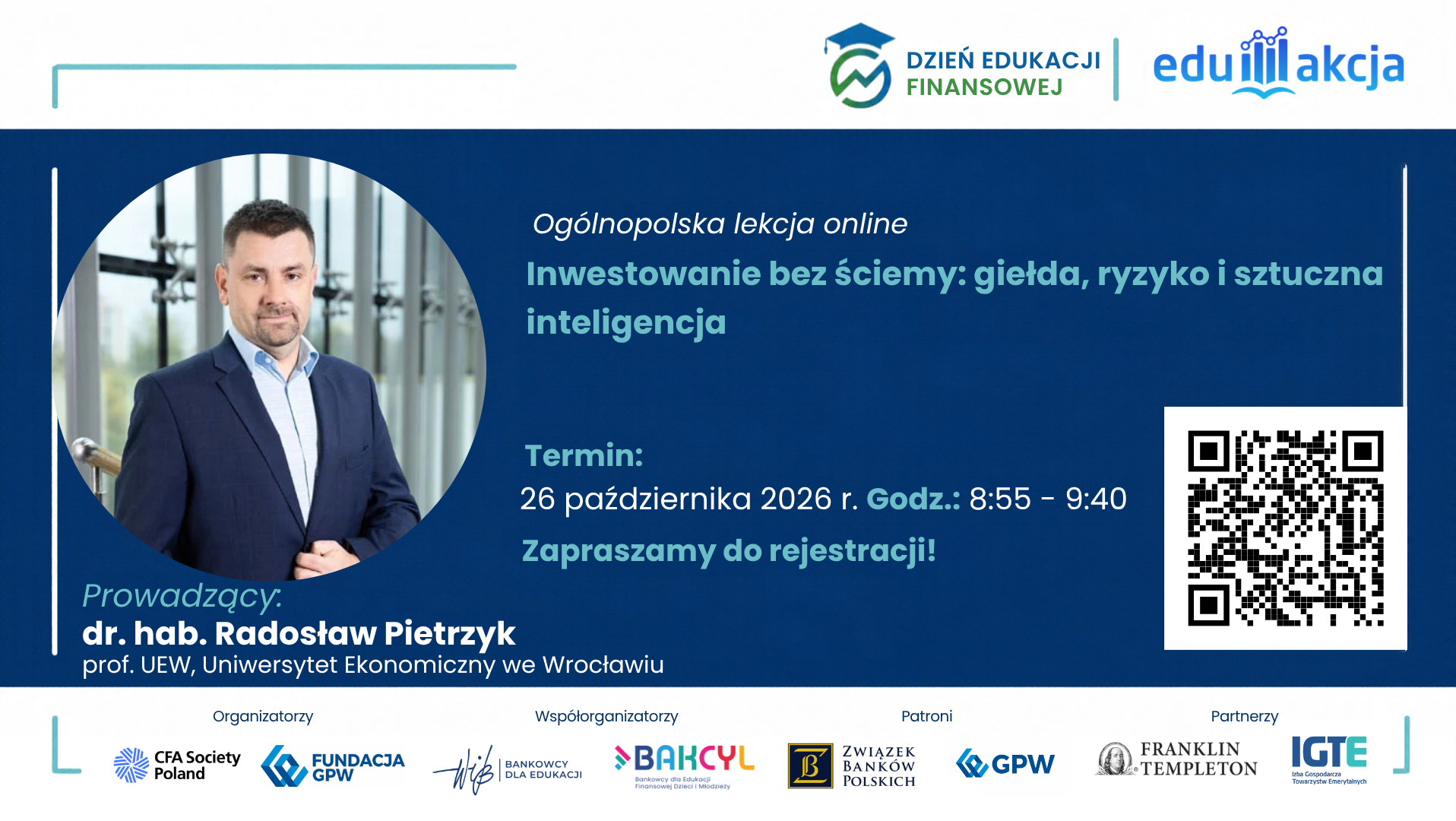 Lekcja online z&nbsp;Ekspertem – 26.10.2026&nbsp;r. godz.&nbsp;8:55 „Inwestowanie bez&nbsp;ściemy: giełda, ryzyko i&nbsp;sztuczna inteligencja”